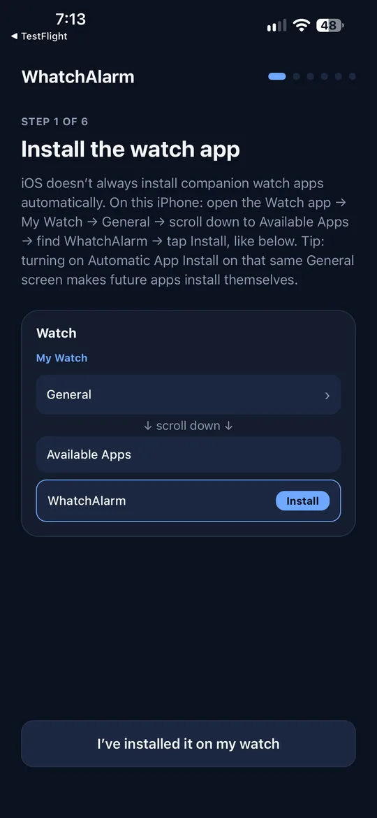 Tela de configuração do WhatchAlarm com o caminho para instalar o app no relógio