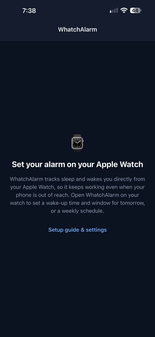 Tela inicial do app WhatchAlarm no iPhone com o link Guia de configuração e ajustes