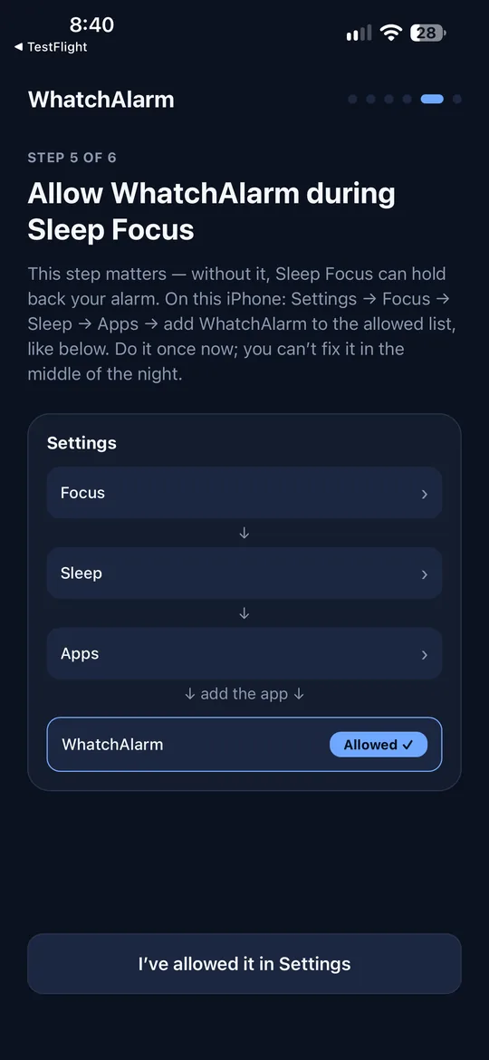 O passo Foco Sono no app WhatchAlarm do iPhone