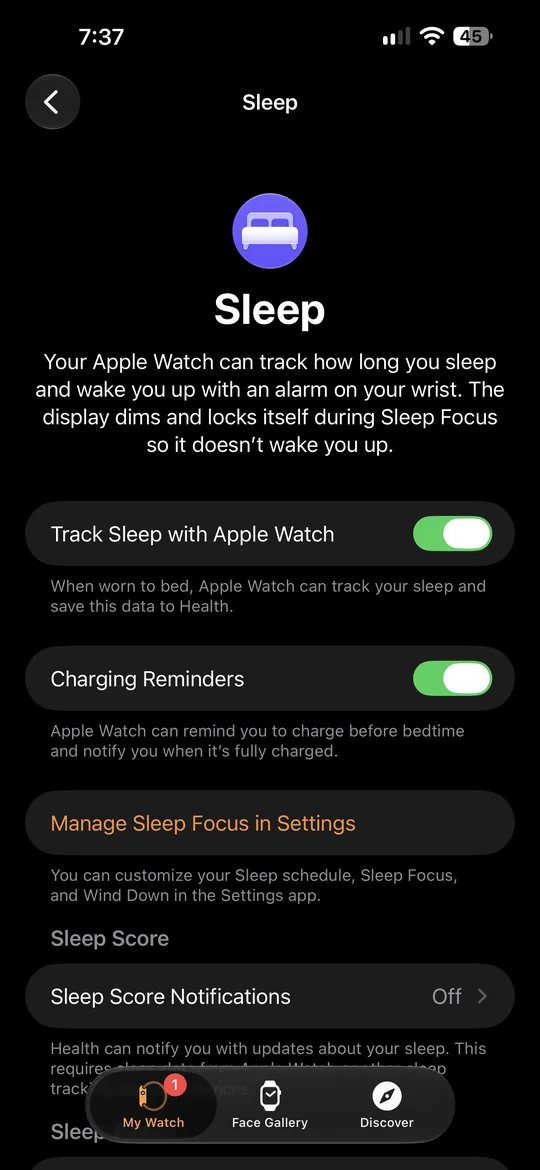 A página Sono no app Watch com Rastrear Sono com o Apple Watch ativado